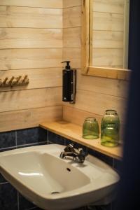 a bathroom with a sink and a mirror at Vallåsens Värdshus STF Hostel in Våxtorp