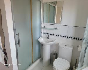 a white bathroom with a toilet and a sink at Homely place in Theale