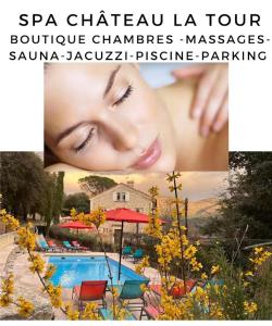 a collage of photos of a woman and a swimming pool at La Duchesse - SPA-JACUZZI - MASSAGE- SAUNA - 4 SAISONS - Piscine chauffée Toute l'année - 800m centre ville in Nyons