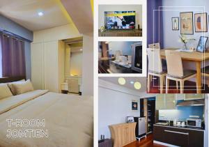 uma colagem de fotos de um quarto de hotel com uma cama e uma sala de jantar em T Room Jomtien em Praia de Jomtien