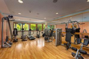 einen Fitnessraum mit Laufbändern und Kardiogeräten in einem Zimmer in der Unterkunft IFA Alpenhof Wildental Hotel Kleinwalsertal Adults only in Mittelberg