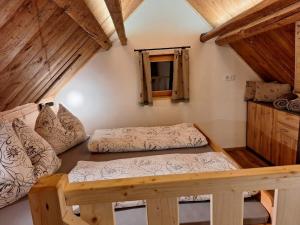 a room with two beds and a window in a cabin at Leitnerbauer's Troadkasten in Donnersbach