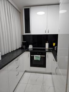 カルロヴァッツにあるApartman Ema Karlovacの白いキャビネットと黒い食器洗い機付きのキッチンが備わります。