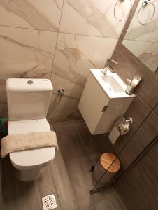 a bathroom with a white toilet and a sink at Nikou Nikolaou Apartment in Serres