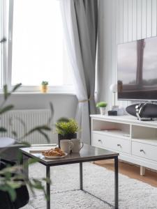 sala de estar con mesa de centro y TV en Cozy Apartment with panoramic view, en Anykščiai