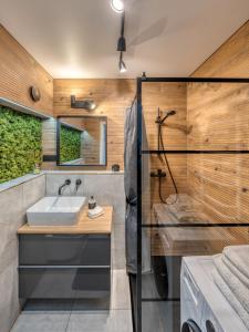 y baño con lavabo y ducha. en Cozy Apartment with panoramic view, en Anykščiai