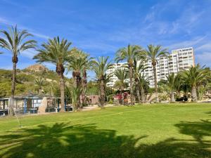 un parque con palmeras y un hotel al fondo en Beachfront Luxe 1 by Gloove, en Villajoyosa