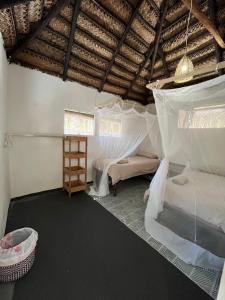 a room with two beds and a ladder in it at Mango Beach Resort in Praia do Tofo