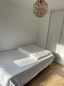 uma cama num quarto com uma luz e um candeeiro em Maison proche ville olympique et stade de France em Saint-Denis