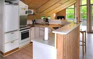 SpodsbjergにあるLovely Home In Rudkbing With Wifiの木製の天井、白い家電製品付きのキッチン