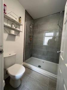 a bathroom with a white toilet and a shower at New Flat in Lytham St Annes - Sleeps 4 in Saint Annes on the Sea