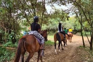 Great Rift Valley Lodge and Golf Resort في نيفاشا: مجموعة من الناس يركبون الخيول على طريق ترابي