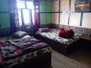 a bedroom with two beds and a cat sitting on the bed at Blue Pancy Homestay in Pedong
