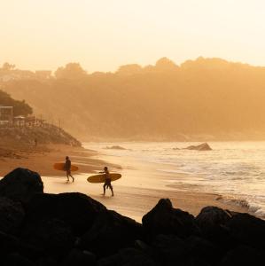 圣让-德吕兹Aparra Surfcamp Auberge Saint-Jean-de-Luz的两人在海滩上用冲浪板散步