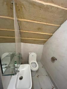 ein Badezimmer mit einem weißen WC und einem Waschbecken in der Unterkunft Hostel Desert Home Stay in Jaisalmer