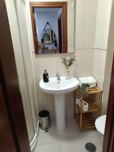 een badkamer met een witte wastafel en een spiegel bij Vandelvira 2 in Baeza