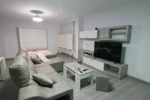 Una sala de estar con un sofá y un televisor. en Loft Centro Huelva, en Huelva