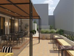 a rendering of a patio with tables and chairs at Astikon House in Athens