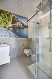 萊澤諾的住宿－Lux Studio with a private terrace，带淋浴和卫生间的浴室以及绘画作品