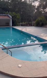una piscina de agua azul en un patio en Wild Woods Tiger Resort, en Nagpur