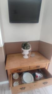 a small wooden shelf with a plant in a basket on it at Aparthotel & Wohnungen am Norderteich in Horn-Bad Meinberg