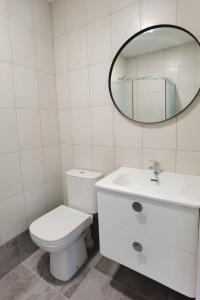 bagno con servizi igienici, lavandino e specchio di Pakalnės sodyba a Skverbai
