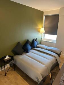 a bedroom with a large bed with blue pillows at Convenient & Central Apartment in Dublin