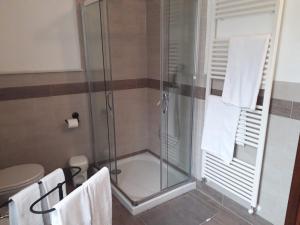 y baño con ducha y puerta de cristal. en Á Ćà de Matilde en Ranzo-Borgo