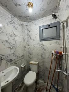 a bathroom with a toilet and a sink and a tv at شقه صغيره فندقيه في موقع مميز جديده وفرش وموبيليا جديده in Mansoura