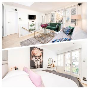 a bedroom and a living room with a bed at Kensington Oasis Central London 2BR Private House - Near Harrods, Kensington Palace, and other London Attractions in London