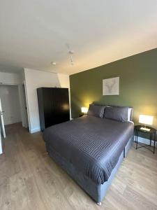 um quarto com uma cama grande e 2 candeeiros em Modern & Spacious Central Apt em Dublin