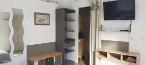una sala de estar con TV y una pared con estanterías en Gîte climatisé L'OISELLERIE en Castelnou