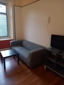 ein Wohnzimmer mit einem Sofa und einem Tisch in der Unterkunft Paulibude in Hamburg