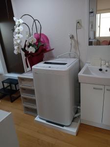 y baño con lavabo y lavadora. en Tokyo downtown牡丹莊, en Tokio