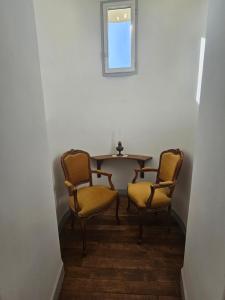 a table with two chairs and a table with a window at Château de Chazelpaud in Saint-Bard