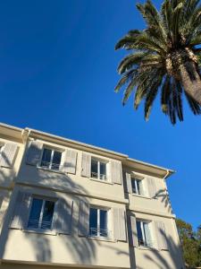 un bâtiment avec un palmier en face dans l'établissement Villa 418, à Saint-Raphaël