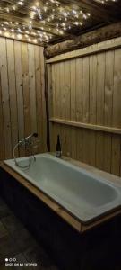 a bath tub in a room with wooden walls at Chatky u potoka chatka n3 in Olešnice v Orlických horách