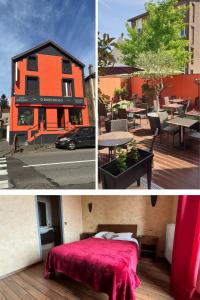 three pictures of a building with a bed and a table at O Barcaiolo in Conflans-Sainte-Honorine