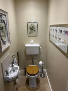 a bathroom with a toilet and a sink at A family and dog friendly haven, The Hayloft. in Saxmundham