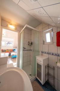 a bathroom with a shower and a sink at Apartment Pirnat in Bohinj