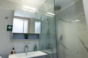 a bathroom with a shower and a sink and a mirror at Modern Cozy 1 Bd Piraeus Perfection Apt in Piraeus