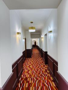 an empty hallway with a floor of red and gold carpet at Mildom Hotel in Almaty