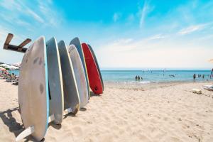 a row of surfboards lined up on a beach at Grand Resort in Sveti Vlas