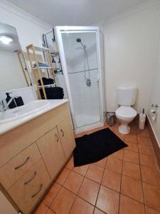 a bathroom with a sink and a shower and a toilet at Large studio balcony, spa & pool in Brisbane