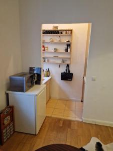 a small kitchen with a counter and a refrigerator at Appartement Berlin Charlottenburg in Berlin