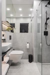 a bathroom with a toilet and a sink and a shower at AVAPATRS Apartament BLUE in Jastarnia