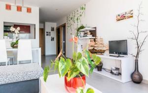 a living room with a vase with a plant in it at Casa Rural Viña Vella in Esteiro