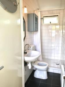 a white bathroom with a toilet and a sink at Rosa's zonnige huisje bij duinen bos en strand in Warmenhuizen