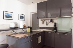 a kitchen with gray cabinets and a counter top at Modern apartment in Paris in Paris