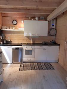 a kitchen with white appliances and a wooden wall at Qubalonka Saunarium bis Bory Tucholskie in Karsin